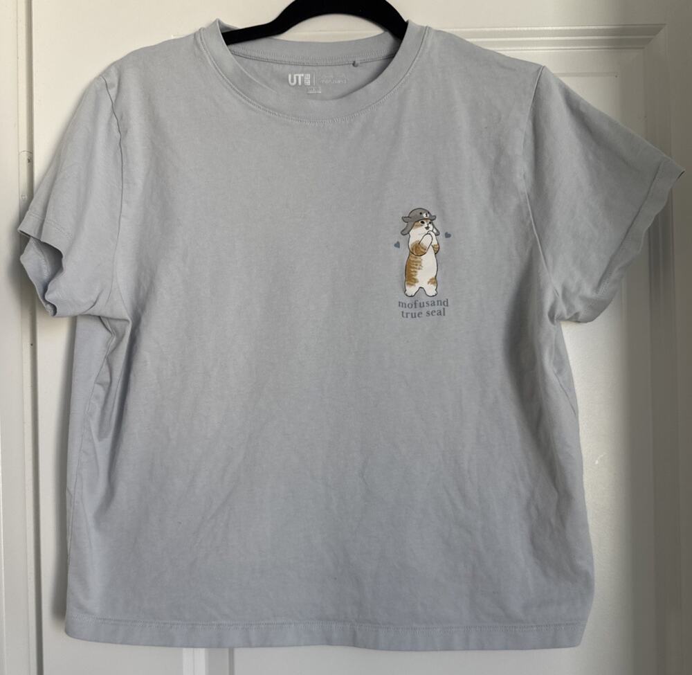 Uniqlo UT Mofusand Cat Cropped T-Shirt True Seal Womens Sz L Blue Casual Top